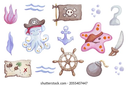 Pirate watercolor set. Octopus pirate. Vector illustration.