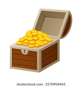 Pirate wealth. Treasure chest. Corsair wooden container. Ancient magic box with gold coins. Golden money. Opened wood crate. Arcade rich loot. Casino success. Full safe. Vector filibusters element