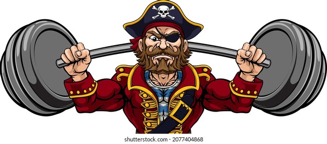 A pirate weight lifting a barbell cartoon sports training mascot character