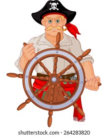 Pirate at the wheel of his ship
