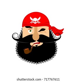 Pirate winking emoji head. Filibuster gladl emotion face. Buccaneer merry avatar. Vector illustration
