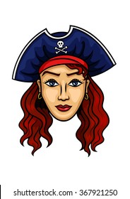 Pirate woman cartoon character with young redhead woman with long curly hair in pirate hat with jolly roger. Great for children books, marine adventure, traveling design usage