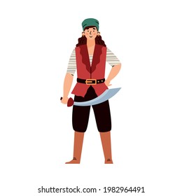 Pirate woman standing holding sword, cartoon vector illustration isolated on white background. Pretty young woman character in costume of pirate or sea robber.