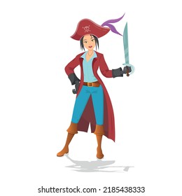 Pirate Woman Standing Holding Sword, Cartoon Vector Illustration On White Background.