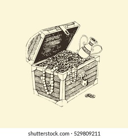 Pirate wood treasure chest and precious coins. Hand drawn illustration