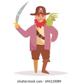 Pirate with a wooden leg and a parrot. Vector. Cartoon. Isolated art on white background. Flat. 
