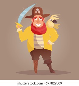 Pirate with a wooden leg and a parrot. Vector. Cartoon. Isolated art on white background. Flat. 