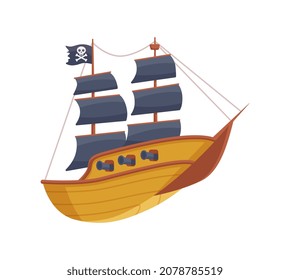 Pirate wooden sailing boat. Ship with cannons, skull and crossbones on flag and sails black color. Flat cartoon vector illustration isolated on a white background.