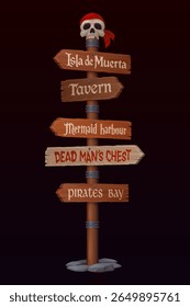 Placa de sinal de madeira pirata, sinalização corsair com crânio marinheiro pirata e bandana, jogo de vetor UI. Poste de madeira de desenhos animados com velhas tábuas de madeira e rochas. Ilha do tesouro, taberna e placas de sinais de saque escondidas