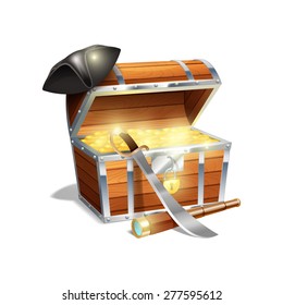 Pirate Wooden Treasure Chest Trunk With Gold Spy Glass Cutlass And Black Triangle Hat Abstract Vector Illustration