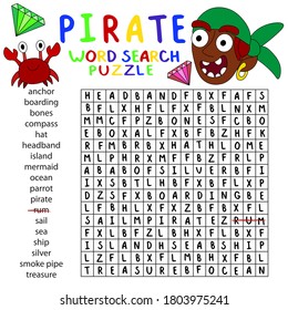 Pirate word search puzzle children worksheet. English word search puzzle with crab, pirate and gems square children worksheet.  