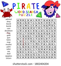Pirate word search puzzle colorful square printable worksheet for kids vector. Help happy crab and smiling pirate to find all words in word search puzzle. Amusing english words children game