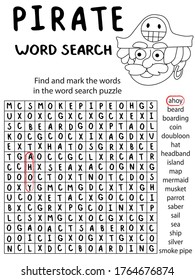 Pirate word search puzzle for kids stock vector illustration. Pirate worksheet with small coloring character and work search puzzle. Find and mark the 18 words in the word search puzzle. One of series