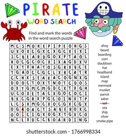 Pirate work search puzzle stock vector illustration. Amusing educational english language printable game. Friendly cartoon pirate halloween game for find and mark 18 words in word search puzzle.