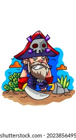Pirat, ja diese Illustration zeigt einen sehr heftigen Pirat mit einem Schwert und Anker in der rechten Hand, diese Illustration ist mit kalten harmonischen Farben gemacht, zeigt aber trotzdem einen sehr heftigen Pirat