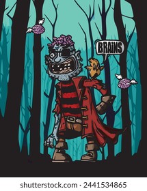 Pirate zombie lost in a forest with a bird and several winged brains around.