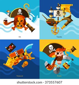 Pirates 2x2 design concept set of one eyed pirate smoking pipe chest of gold sailboat with anchor and map on waves background vector illustration