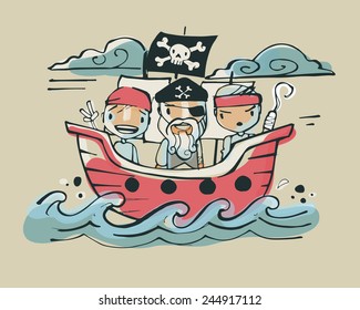 Pirates ab Hand drawn,vector illustration or drawing of some pirate characters on a boat on the sea, with some clouds as a landscape. All in a cartoon style