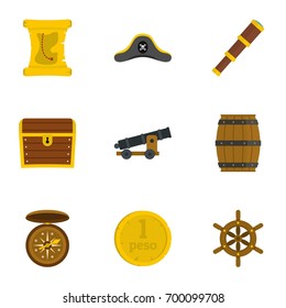 Pirates adventure icon set. Flat set of 9 pirates adventure vector icons for web isolated on white background