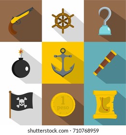 Pirates adventure icon set. Flat style set of 9 pirates adventure vector icons for web design
