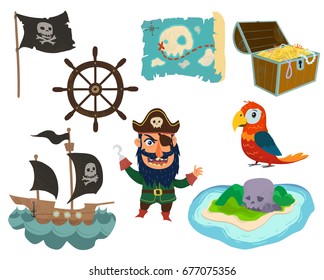 Pirate's adventure set on white background.