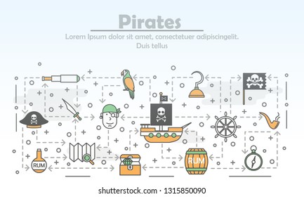 Pirates advertising vector poster banner template. Pirate hat ship, treasure chest, flag, rum barrel, spyglass, skull and bones, map, compass etc. Thin line art flat icons for web, printed materials.