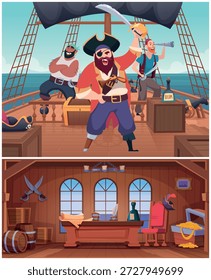 Piratas. personagens de desenhos animados agressivos piratas no exterior do navio de guerra