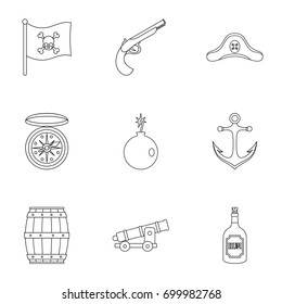 Pirates attributes icon set. Outline set of 9 pirates attributes vector icons for web isolated on white background
