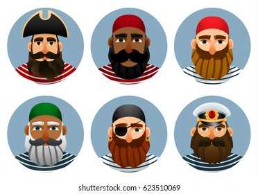 Pirates avatars collection.  Set of portraits of sailors in a round shape. Vector illustration.