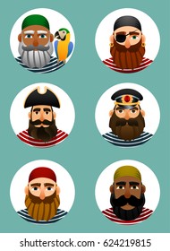 Pirates avatars collection.  Set of portraits of sailors in a round shape. Vector illustration.