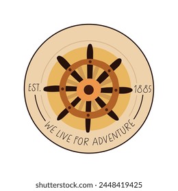 Pirates badge. we live for adventures. Illustration in old style with steering wheel. 