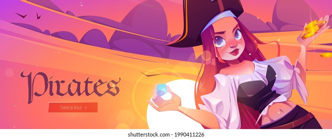Pirates banner with girl captain and treasure chest with gold coins on sea beach at sunset. Vector landing page with cartoon ocean island landscape with boat, woman pirate and chest full of money