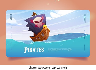 Cartel de los piratas con barco con velas negras y cráneo de oro en el mar. Página de aterrizaje de vectores con dibujos animados de la escena oceánica, marina con barco de corsario de madera sobre olas azules