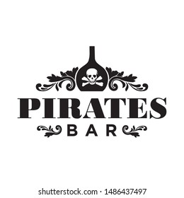 pirates bar. vintage skull, wine bottle and leaves illustrative logo template.