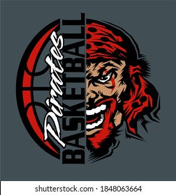 pirates basketball team design with ball and half mascot for school, college or league