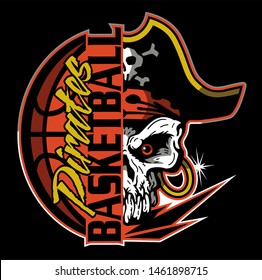 pirates basketball team design with half mascot skull and ball for school, college or league