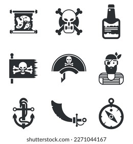 Pirates iconos negros fijados con proyectil de sable de abordaje para botella de gancho de mano de arma de ron ilustración aislada