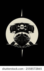 Pirates boat illustration in the moonlight with skull and crossbones design