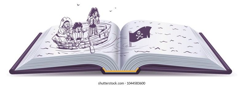 Pirates in boat sinking ship. Open book of adventure. Isolated on white vector cartoon illustration