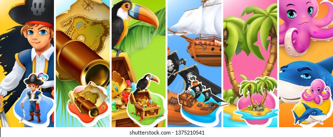Pirates. Boy, spyglass and map, treasure chest, ships, island and palm trees, octopus and shark cartoon characters. 3d vector icon set