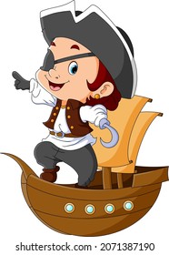 The pirates boy is standing on the pirates ship of illustration