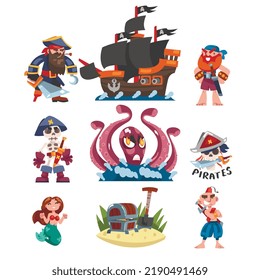 Pirates or Buccaneer with Ship, Sea Monster Kraken, Mermaid and Skull Vector Set