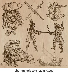 Pirates, Buccaneers and Sailors - Collection (no.6) of an hand drawn illustrations. Description: Each drawing comprise of three layer of outlines, the colored background is isolated.