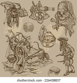 Pirates, Buccaneers and Sailors - Collection (no.7) of an hand drawn illustrations. Each drawing comprise of three layer of outlines, the colored background is isolated. Editable in layers and groups.