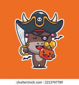 Pirates bull in halloween day. Cute halloween cartoon illustration.