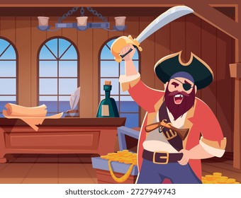 Cabina de los piratas. interior de la cabina del acorazado con el arma agresiva del tenedor del carácter del pirata
