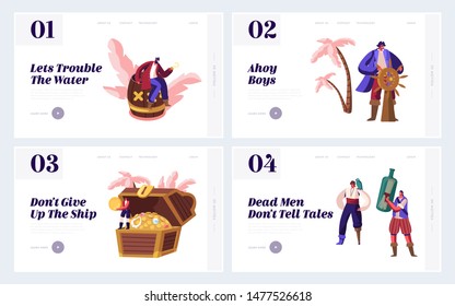 Pirates Captain and Crew Adventure Fairy Tale Story Website Landing Page Set. Tiny Characters Wearing Old Fashioned Costumes at Huge Chest with Gold Web Page Banner. Cartoon Flat Vector Illustration