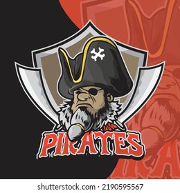 Pirates captain head with shield and sword