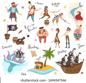 Pirates cartoon characters, set of funny isolated people and icons, vector illustration. Sea ocean piracy, sailing ship and treasure chest. Men and women in pirate costumes, sea adventures collection