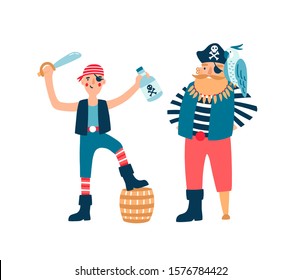 Pirates cartoon characters vector illustration. Ocean raiders, boat-borne attackers. Old sailor with striped shirt and parrot on shoulder. Man with bottle of rum and saber isolated on white background